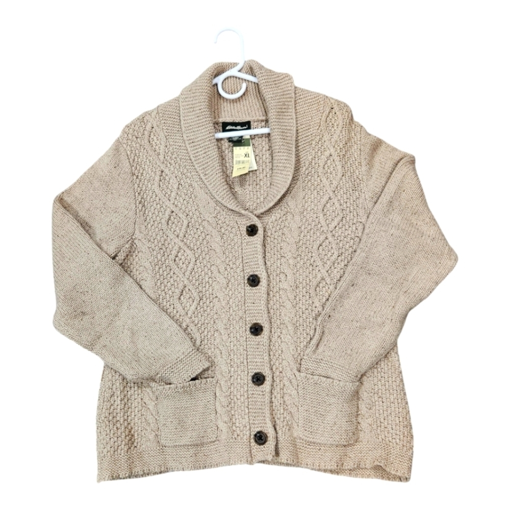 Eddie Bauer Cream Cardigan with Textured Knit and V-Neck Design